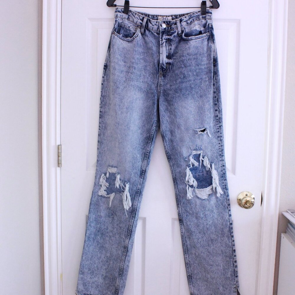 We The Free Blue Wash Straight Leg Fabric Backed Ripped Jeans Distressed Size 29